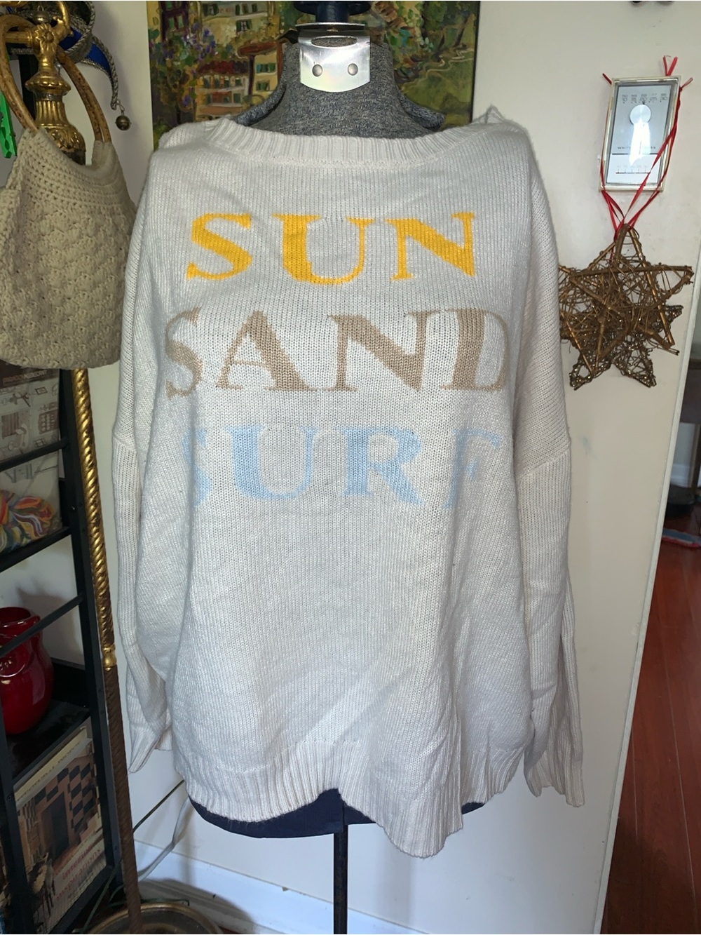 Women’s Cream Pullover Sweater with SUN SAND Surf Lettering XL